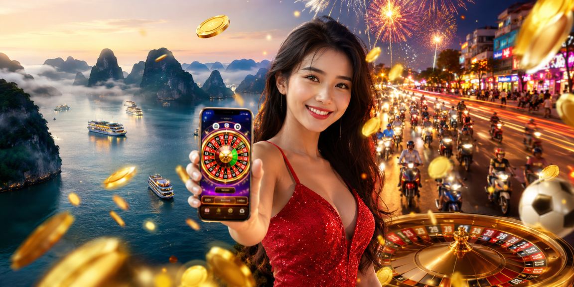 Khung cảnh vịnh Hạ Long về đêm với màn hình cá cược thể thao neon sáng rực, hình ảnh đặc trưng Việt Nam