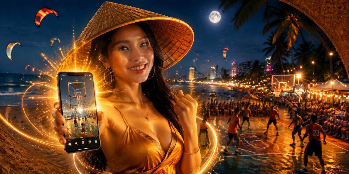 Người dùng Mũi Né đội nón lá xem phân tích bóng rổ trên điện thoại di động ngoài trời